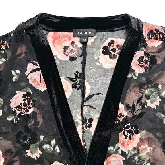 Torrid | Women | Floral Rose Long Line Velvet Trim Sheer Chiffon Kimono | Sz 1-2 - Picture 10 of 13